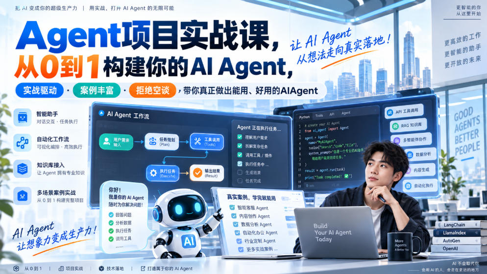 【精】Agent项目实战课,从0到1构建你的AI Agent,实战驱动·案例丰富·拒绝空谈,带你真正做出能用、好用的AIAgent 【精】Agent项目实战课,从0到1构建你的AI Agent,实战驱动·案例丰富·拒绝空谈,带你真正做出能用、好用的AIAgent