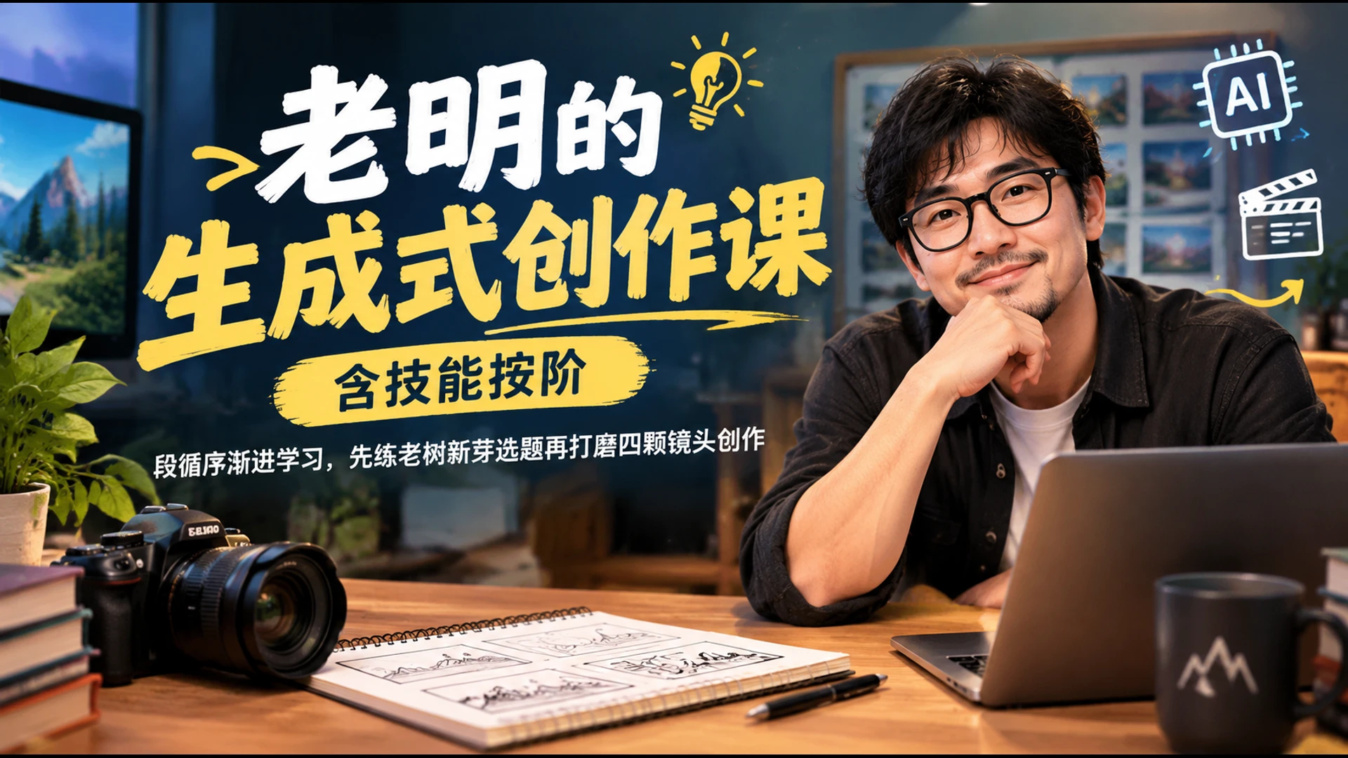 【精】老明的生成式创作课含技能按阶段循序渐进学习,先练老树新芽选题再打磨四颗镜头创作