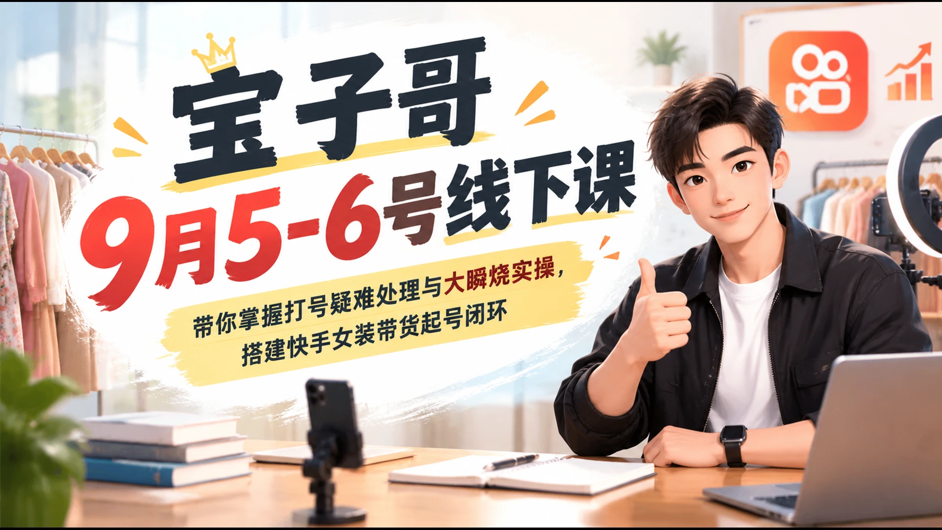 宝子哥9月5-6号线下课,带你掌握打号疑难处理与大瞬烧实操,搭建快手女装带货起号闭环