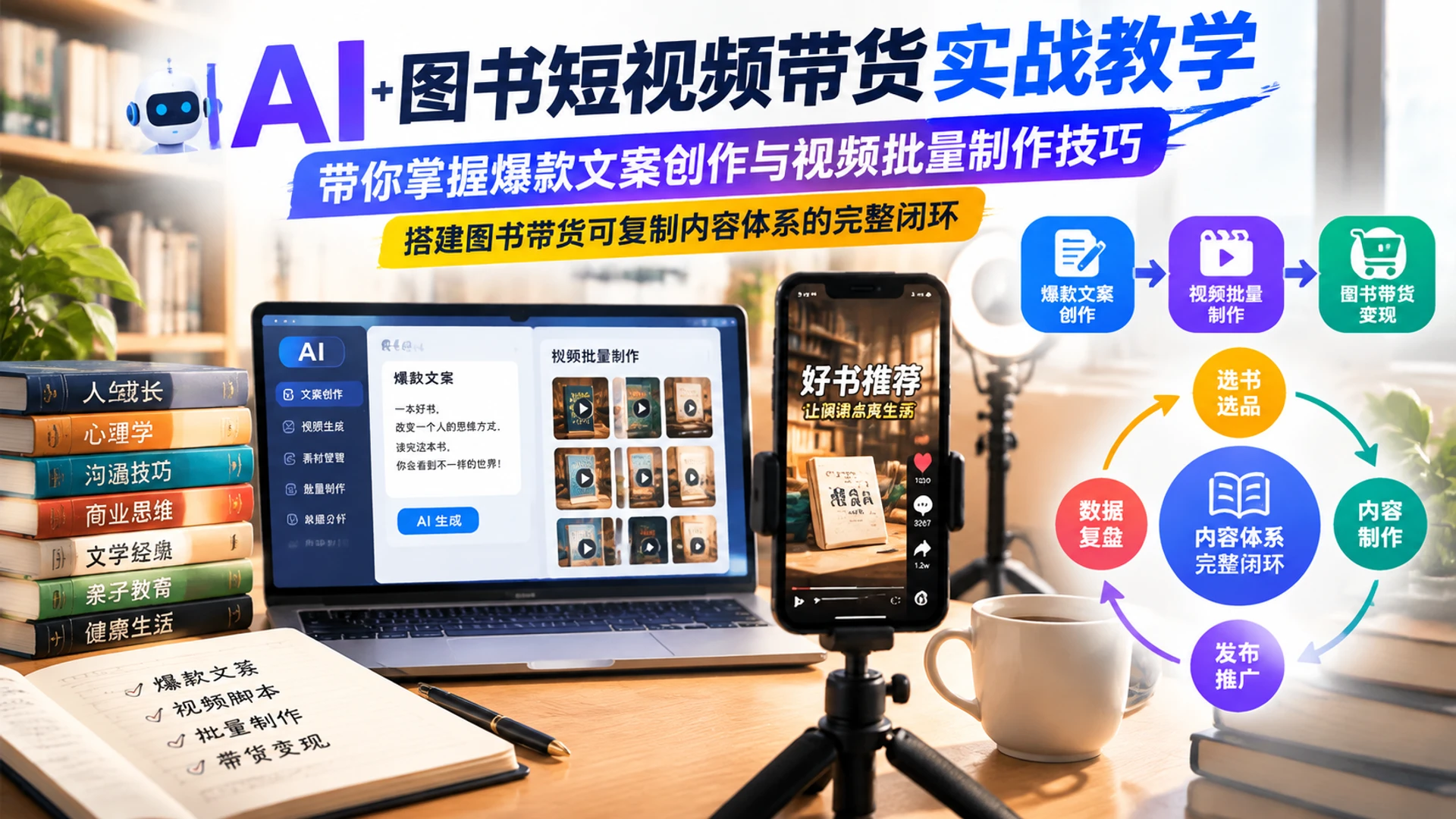 【精】AI图书短视频带货实战教学,带你掌握爆款文案创作与视频批量制作技巧,搭建图书带货可复制内容体系的完整闭环