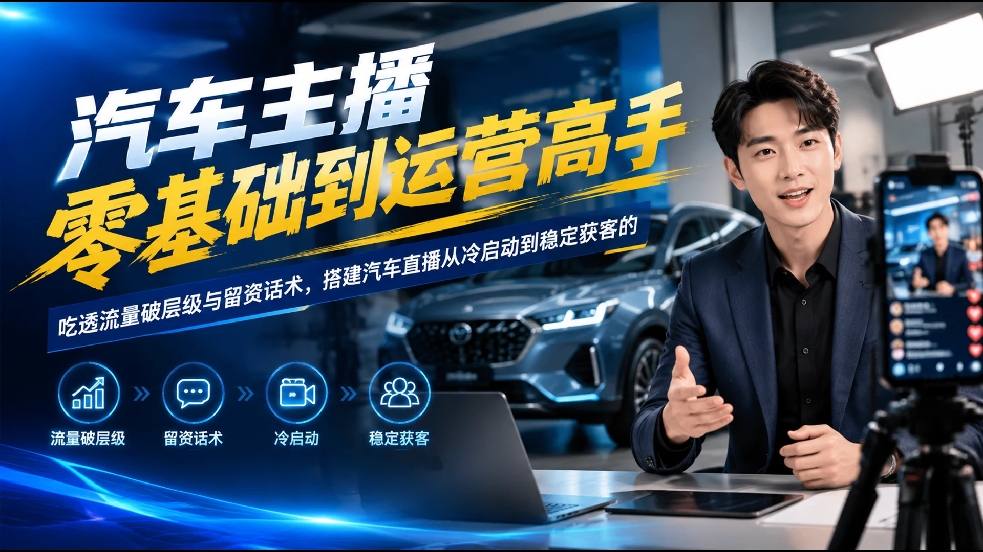【精】汽车主播零基础到运营高手，吃透流量破层级与留资话术，搭建汽车直播从冷启动到稳定获客的