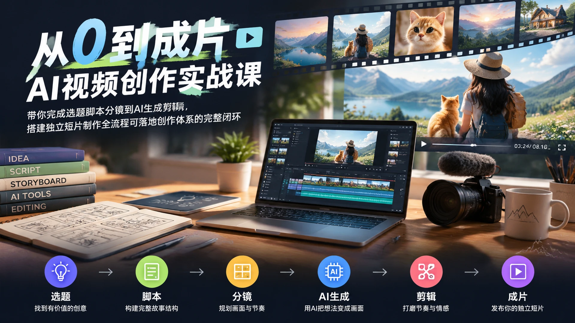 【精】从0到成片・AI视频创作实战课,带你完成选题脚本分镜到AI生成剪辑,搭建独立短片制作全流程可落地创作体系的完整闭环