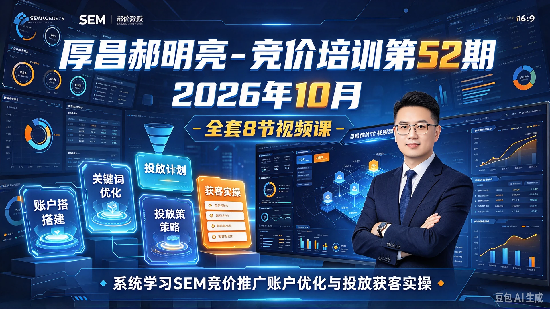 【精】厚昌郝明亮 - 竞价培训第52期2026年10月，全套8节视频课时，系统学习SEM竞价推广账户优化与投放获客实操