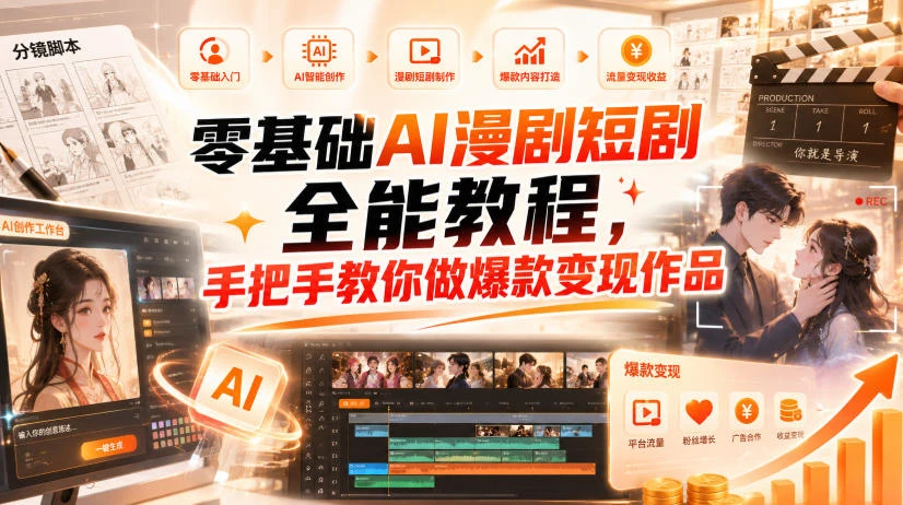 【精】零基础AI漫剧短剧全能教程，从AI智能体搭建、文案脚本分镜、多平台AI生视频、剪映精修，覆盖全题材创作，手把手教你做爆款变现作品