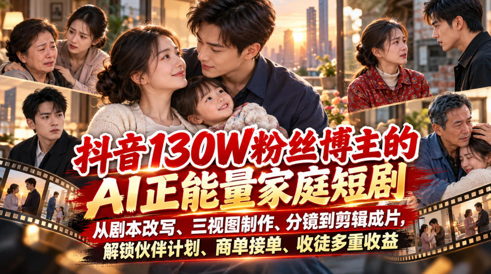 【精】抖音130W粉丝博主的AI正能量家庭短剧，从剧本改写、三视图制作、分镜到剪辑成片，解锁伙伴计划、商单接单、收徒多重收益