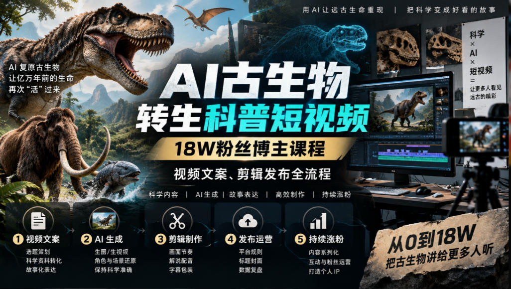 古生物AI科普短视频教学,带你从零基础到精通AI视频制作,实现古生物科普短视频制作的完整闭环,共2课时 古生物AI科普短视频教学,带你从零基础到精通AI视频制作,实现古生物科普短视频制作的完整闭环,共2课时
