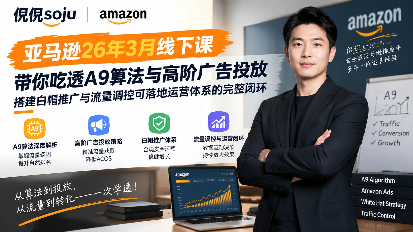 【精】侃侃soju亚马逊26年3月线下课，带你吃透A9算法与高阶广告投放，搭建白帽推广与流量调控可落地运营体系的完整闭环