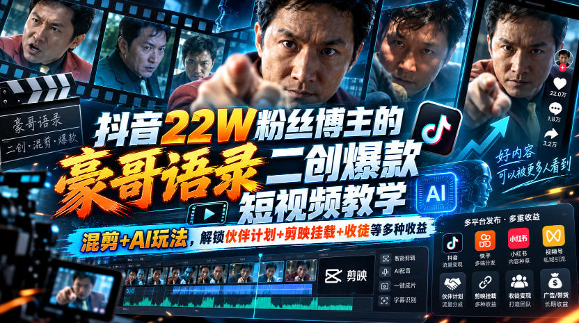 【精】抖音22W粉丝博主的豪哥语录二创爆款短视频教学，混剪+AI玩法