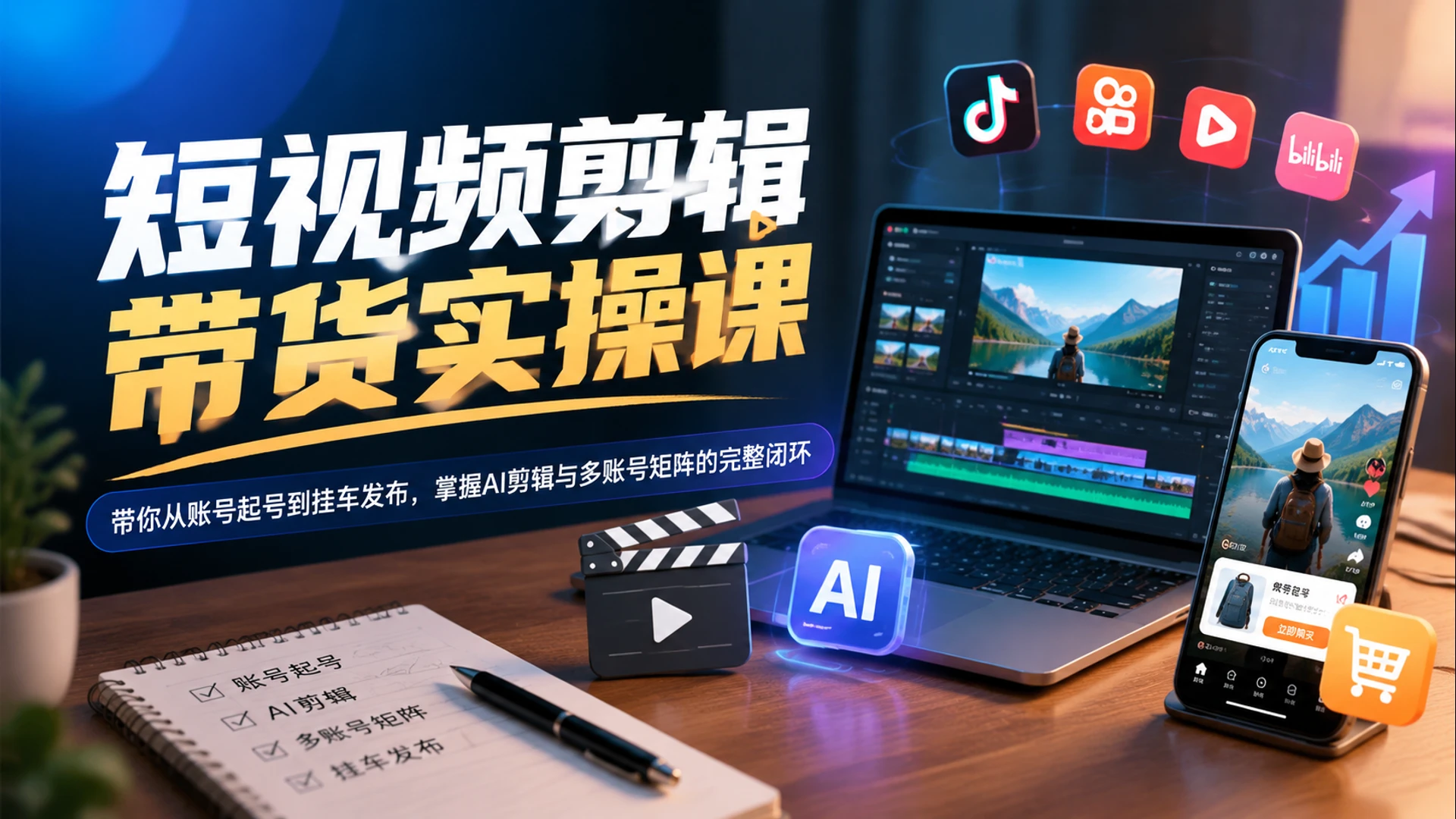 【精】短视频剪辑带货实操课,带你从账号起号到挂车发布,掌握AI剪辑与多账号矩阵的完整闭环