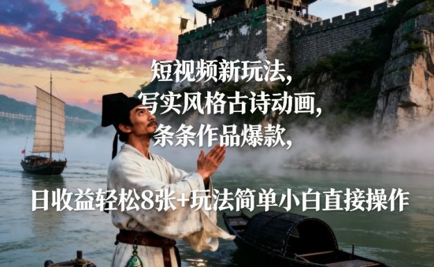短视频新玩法，写实风格古诗动画，条条作品爆款，日收益轻松8张+玩法简单小白直接操作