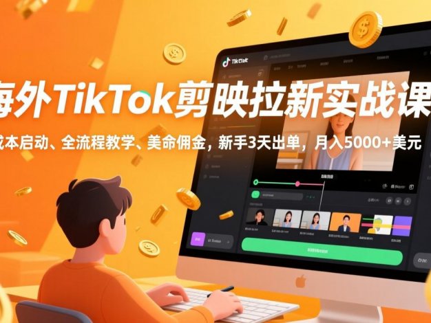 【精】海外TikTok剪映拉新实战课，零成本启动、全流程教学、美金佣金，新手3天出单，月入5000+美元