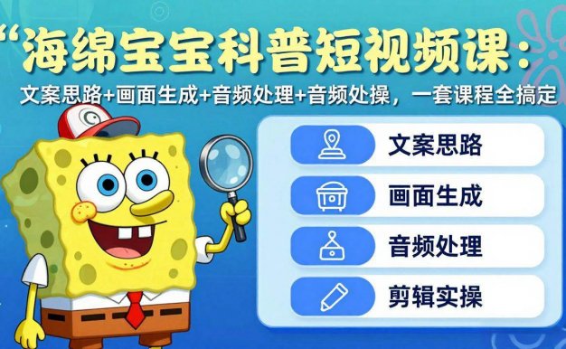 抖音27W粉丝博主的海绵宝宝科普短视频教学，内容制作简单，撸创作者伙伴计划