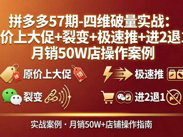【精】拼多多57期-四维破量实战：原价上大促+裂变+极速推+进2退1，月销50W店操作案例