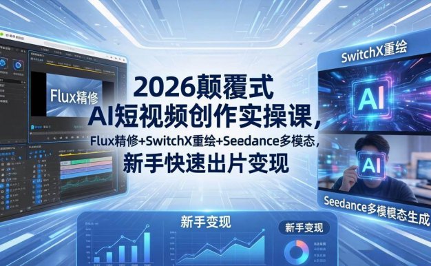 【精】2026颠覆式 AI短视频创作课-5月更新,Flux精修+SwitchX重绘+Seedance多模态,新手快速出片变现