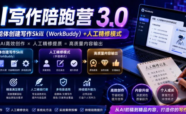 【精】AI写作陪跑营3.0,Ai智能体创建写作skill(workbuddy)+人工手写模式(手搓模式),去除AI痕迹(头条号、公众号、百家号)