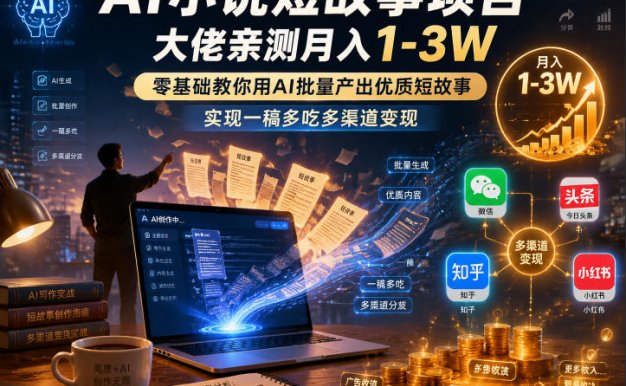 【精】AI小说短故事项目,大佬亲测月入1-3W,零基础教你用AI批量产出优质短故事,实现一稿多吃多渠道变现
