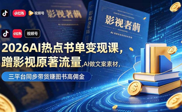 【精】2026AI热点书单变现课，蹭影视原著流量，AI做文案素材，三平台同步带货赚图书高佣金