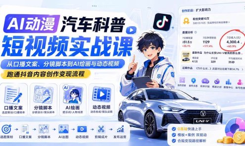 AI动漫汽车科普短视频实战课：从口播文案、分镜脚本到AI绘画与动态视频，跑通抖音内容创作变现流程