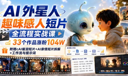 【精】AI外星人趣味感人短片全流程实战课,33个作品涨粉104W,附赠AI催泪短片+AI亲情短片拆解+工作流与提示词