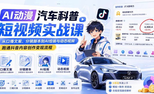 AI动漫汽车科普短视频实战课:从口播文案、分镜脚本到AI绘画与动态视频,跑通抖音内容创作变现流程