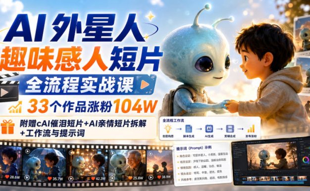 【精】AI外星人趣味感人短片全流程实战课，33个作品涨粉104W，附赠AI催泪短片+AI亲情短片拆解+工作流与提示词