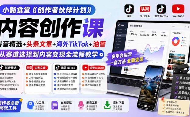 【精】小豁食堂·内容创作课,抖音精选+头条文章+海外TikTok+油管,从赛道选择到内容变现全流程教学