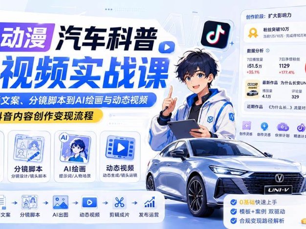 AI动漫汽车科普短视频实战课：从口播文案、分镜脚本到AI绘画与动态视频，跑通抖音内容创作变现流程