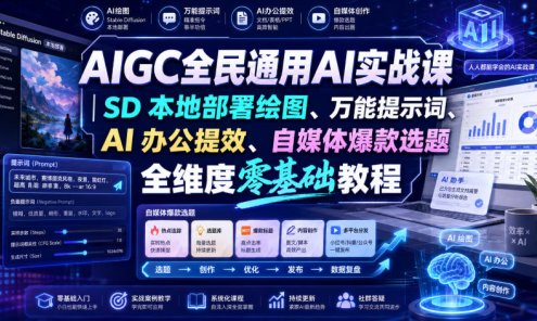 【精】AIGC全民通用AI实战课|SD本地部署绘图、万能提示词、AI办公提效、自媒体爆款选题全维度零基础教程