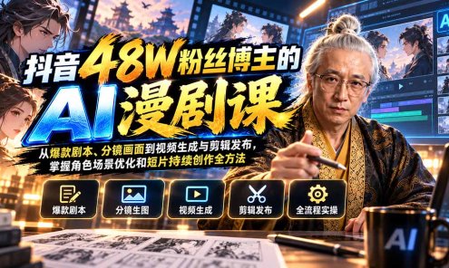 【精】抖音48W粉丝博主的AI漫剧课：从爆款剧本、分镜画面到视频生成与剪辑发布，掌握角色场景优化和短片持续创作全方法