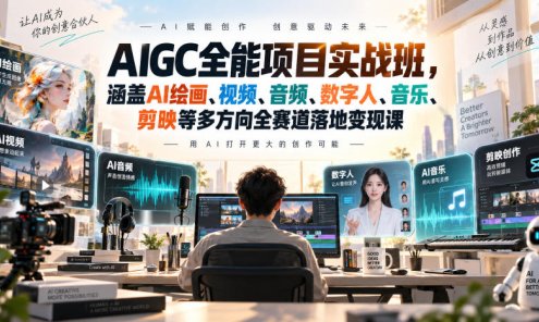 【精】AIGC全能项目实战班-无水印，涵盖AI绘画、视频、音频、数字人、音乐、剪映等多方向全赛道落地变现课（更新）
