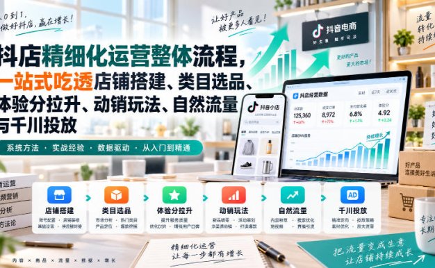 【精】李哥电商-抖店精细化运营整体流程,一站式吃透店铺搭建、类目选品、体验分拉升、动销玩法、自然流量与千川投放