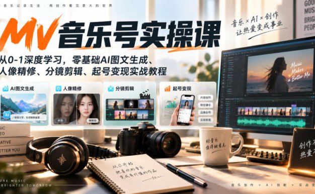 【精】AI MV音乐号实操课，从0-1深度学习，零基础AI图文生成、人像精修、分镜剪辑、起号变现实战教程