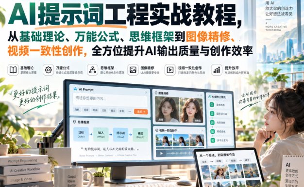 【精】AI提示词工程实战教程,从基础理论、万能公式、思维框架到图像精修、视频一致性创作,全方位提升AI输出质量与创作效率