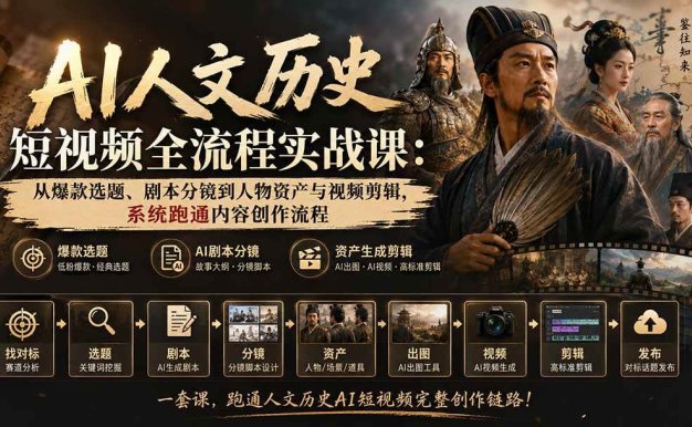 【精】AI人文历史短视频全流程实战课:从爆款选题、剧本分镜到人物资产与视频剪辑,系统跑通内容创作流程