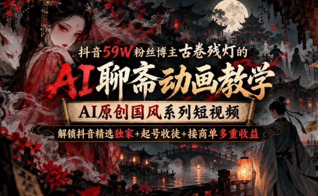 【精】抖音59W粉丝博主古卷残灯的AI聊斋动画教学,AI原创国风系列短视频,解锁抖音精选独家+起号收徒+接商单多重收益