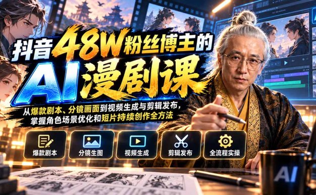 【精】抖音48W粉丝博主的AI漫剧课:从爆款剧本、分镜画面到视频生成与剪辑发布,掌握角色场景优化和短片持续创作全方法