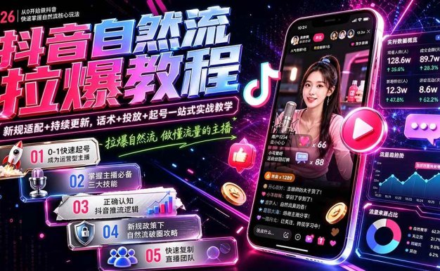 【精】抖音自然流拉爆教程-更新8月:做懂流量的主播,新规适配+持续更新,话术+投放+起号一站式实战教学
