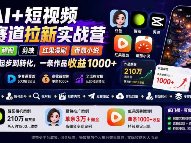 【精】AI+短视频多赛道拉新实战营:豆包+醒图+剪映+红果漫剧+番茄小说,从账号起步到转化,一条作品收益1000+