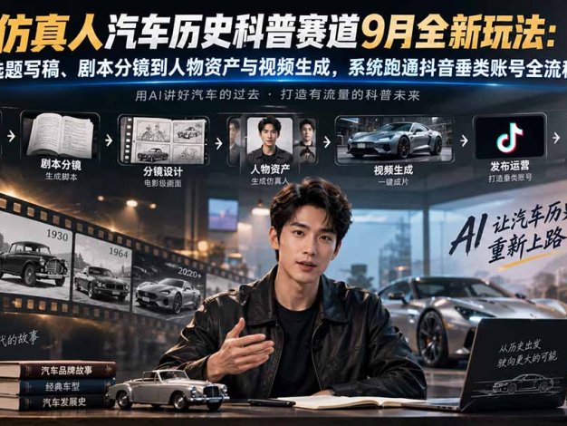 【精】AI仿真人汽车历史科普赛道9月全新玩法:从选题写稿、剧本分镜到人物资产与视频生成,系统跑通抖音垂类账号全流程