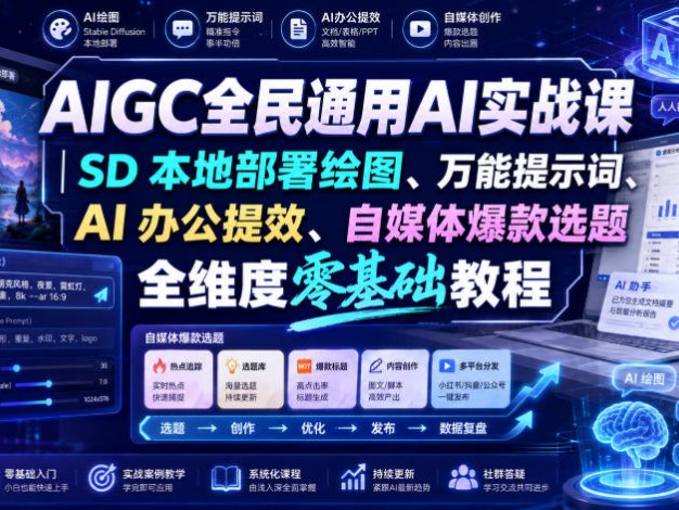 【精】AIGC全民通用AI实战课|SD本地部署绘图、万能提示词、AI办公提效、自媒体爆款选题全维度零基础教程