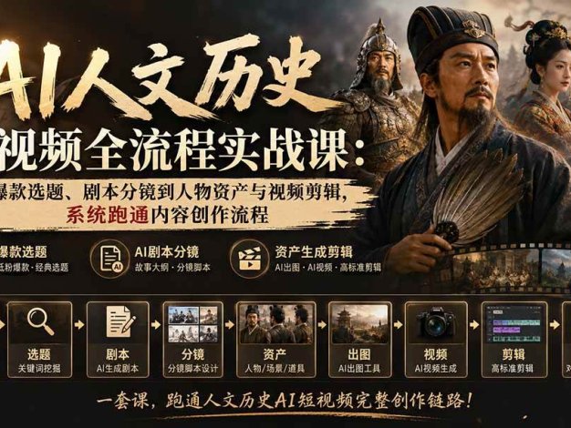 【精】AI人文历史短视频全流程实战课:从爆款选题、剧本分镜到人物资产与视频剪辑,系统跑通内容创作流程