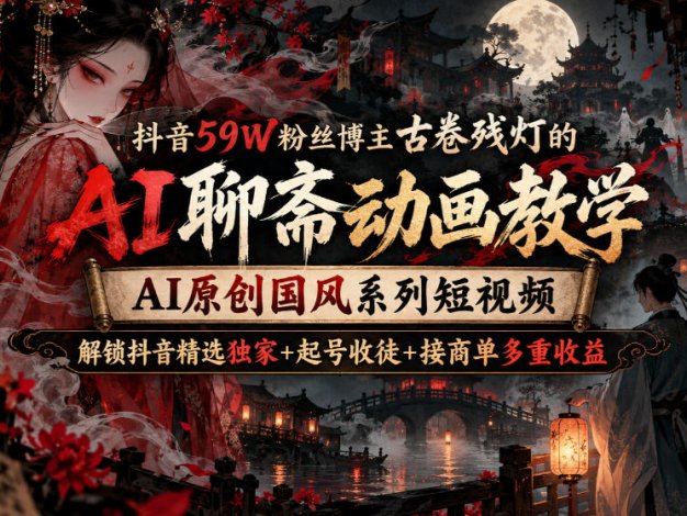 【精】抖音59W粉丝博主古卷残灯的AI聊斋动画教学，AI原创国风系列短视频，解锁抖音精选独家+起号收徒+接商单多重收益