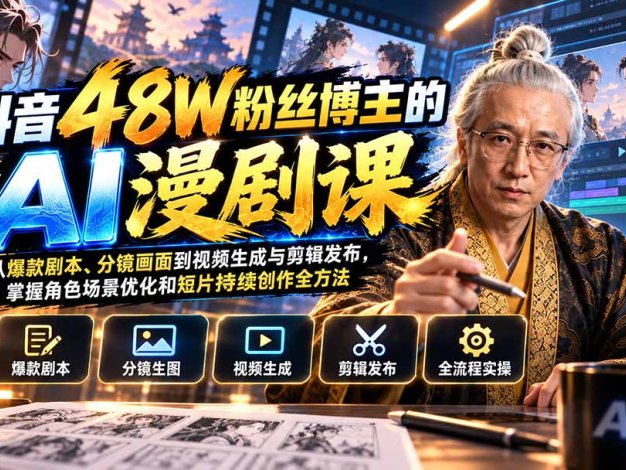【精】抖音48W粉丝博主的AI漫剧课:从爆款剧本、分镜画面到视频生成与剪辑发布,掌握角色场景优化和短片持续创作全方法