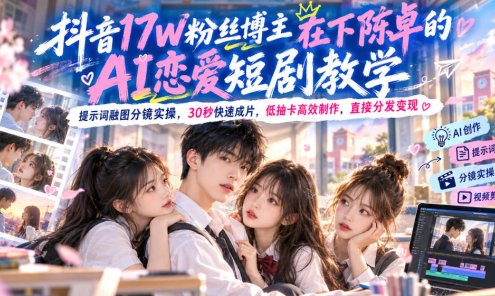 【精】抖音17W粉丝博主在下陈卓的AI恋爱短剧教学,提示词融图分镜实操,30秒快速成片,低抽卡高效制作,直接分发变现