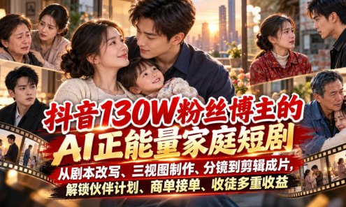 【精】抖音130W粉丝博主的AI正能量家庭短剧，从剧本改写、三视图制作、分镜到剪辑成片，解锁伙伴计划、商单接单、收徒多重收益