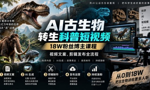 古生物AI科普短视频教学,带你从零基础到精通AI视频制作,实现古生物科普短视频制作的完整闭环,共2课时