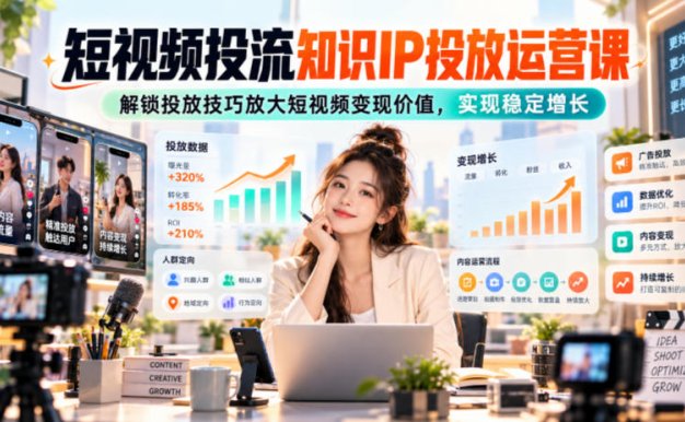【精】房金·短视频投流知识IP投放运营课:掌握微信豆、短视频挂商品、控成本加热和数据分析等技能