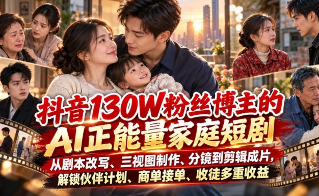 【精】抖音130W粉丝博主的AI正能量家庭短剧,从剧本改写、三视图制作、分镜到剪辑成片,解锁伙伴计划、商单接单、收徒多重收益