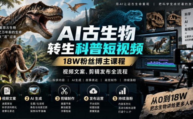 古生物AI科普短视频教学,带你从零基础到精通AI视频制作,实现古生物科普短视频制作的完整闭环,共2课时