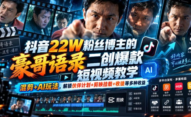 【精】抖音22W粉丝博主的豪哥语录二创爆款短视频教学,混剪+AI玩法